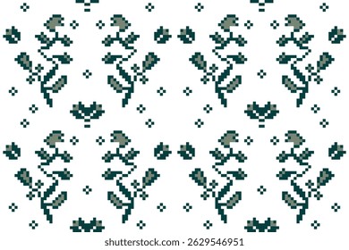 Flower pattern of geometric pixel arts. Green floral with abstract shape with concept of ethnic, motifs, color tone, vintage, boho, batik, tradition for textiles, texture, print, seamless, wrapping.