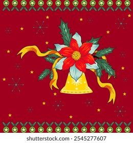 Flower pattern and gold bell on red background ,merry Christmas,Christmas eve,Christmas time.