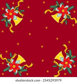 Flower pattern and gold bell on red background ,merry Christmas,Christmas eve,Christmas time.