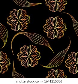 Flower pattern. Gold on a black background. Seamless pattern. Vintage, flowers, leaves, gradient, Scandinavia ornament, retro floral. Vector eps10