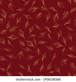 Flower pattern. Golden leaves on a red background