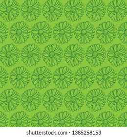 Flower pattern. Green flowers background and texture. Line art, hand drawn  pastel green tones pattern. Card, decoration and greetings. Doodle style ornament.