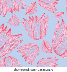 Flower pattern. Hand- drawn buds and leaves of pastel colors . Vector illustration.