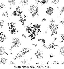 Flower Pattern. Hand Drawn Floral doodles. Ideal Quality Itemized Sketch for your design. Flowery Seamless Background. Florish nature elements. Decorates Floret Botanic Sketching. Vector illustration.