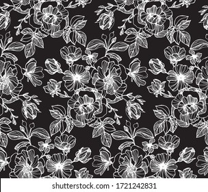 Flower pattern, hand drawn rose bouquet, leaf,  branches and foliage. Vector artwork background in line-art style. can be used for wallpaper, pattern fills, web page background, surface textures. 