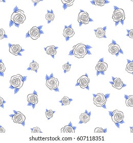 Flower pattern with hand drawn roses. Vector floral sketch. Neutral and blue roses pattern on a white background. Vintage rose flowers seamless pattern.
