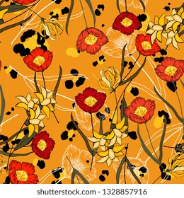 Flower pattern hand drawn style with set of seamless floral ornament in vector