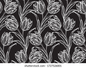 Flower pattern, hand drawn tulips, leaf, branches and foliage. Vector artwork background in line-art style. can be used for wallpaper, pattern fills, web page background, surface textures.