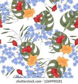 Flower pattern with hand drawn wild flora. Realistic isolated seamless flower, blooming wild print, blooming realistic flowers. Seamless clipart for surface textures, posters. Vector illustration.