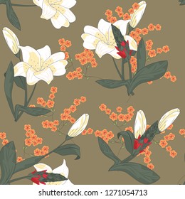 Flower pattern with hand drawn wild flora. Realistic isolated seamless flower, blooming wild print, blooming realistic flowers. 