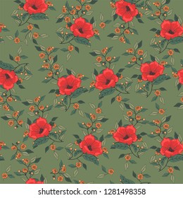 Flower pattern with hand drawn wild flora. Realistic isolated seamless flower, blooming wild print, blooming realistic flowers. Seamless clipart for surface textures, posters. Vector illustration.