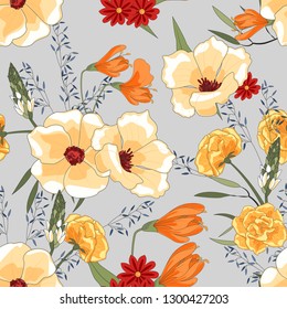 Flower pattern with hand drawn wild flora. Realistic isolated seamless flower, blooming wild print, blooming realistic flowers. Seamless clipart for surface textures, posters. Vector illustration.