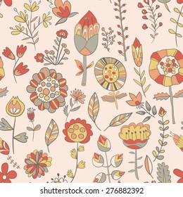 Flower pattern hand-drawn cute doodle. Seamless texture with flowers. Endless floral pattern. Can be used for wallpaper, pattern, backdrop, surface textures. Full color seamless floral background