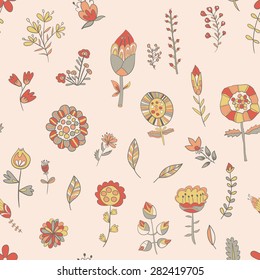 Flower pattern hand-drawn cute doodle. Seamless texture with flowers. Endless floral pattern. Can be used for wallpaper, pattern, backdrop, surface textures. Full color seamless floral background