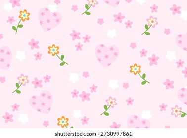Padrão de flores e corações no fundo rosa para papel de parede de primavera e verão, impressão de tecido, padrão floral, têxtil, natureza, jardim, pano de fundo, vestuário, cobertor, edredom, caixa de telefone, cartão de namorados