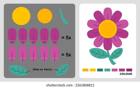 patrón de flores para artesanías infantiles o artesanías de papel. Ilustración vectorial del rompecabezas floral. patrones de corte y pegamento para la artesanía infantil.