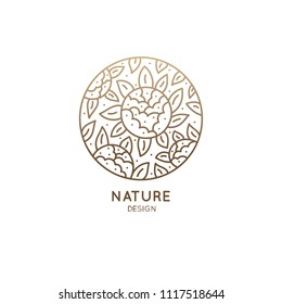 Flower Pattern Of Logo. Ornamental Round Emblem In A Circle In Linear Style. Vector Abstract Badge For Design Of Natural Products, Flower Shop, Cosmetics, Ecology Concepts, Health, Spa, Yoga Center.