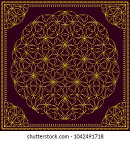 Flower Pattern. Mandala. Circular ornament. Indian, arabic, persian, ottoman style. Design for print on silk neck scarf, kerchief, pillow, bandana, carpet.