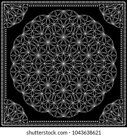 Flower Pattern. Mandala. Circular ornament. Indian, arabic, persian, ottoman style. Design for print on silk neck scarf, kerchief, pillow, bandana, carpet.