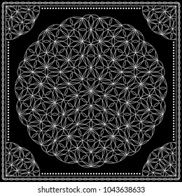 Flower Pattern. Mandala. Circular ornament. Indian, arabic, persian, ottoman style. Design for print on silk neck scarf, kerchief, pillow, bandana, carpet.