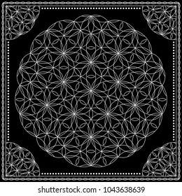 Flower Pattern. Mandala. Circular ornament. Indian, arabic, persian, ottoman style. Design for print on silk neck scarf, kerchief, pillow, bandana, carpet.