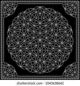 Flower Pattern. Mandala. Circular ornament. Indian, arabic, persian, ottoman style. Design for print on silk neck scarf, kerchief, pillow, bandana, carpet.