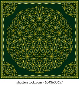 Flower Pattern. Mandala. Circular ornament. Indian, arabic, persian, ottoman style. Design for print on silk neck scarf, kerchief, pillow, bandana, carpet.