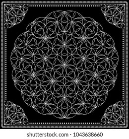 Flower Pattern. Mandala. Circular ornament. Indian, arabic, persian, ottoman style. Design for print on silk neck scarf, kerchief, pillow, bandana, carpet.