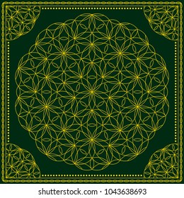 Flower Pattern. Mandala. Circular ornament. Indian, arabic, persian, ottoman style. Design for print on silk neck scarf, kerchief, pillow, bandana, carpet.