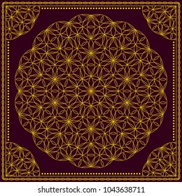 Flower Pattern. Mandala. Circular ornament. Indian, arabic, persian, ottoman style. Design for print on silk neck scarf, kerchief, pillow, bandana, carpet.