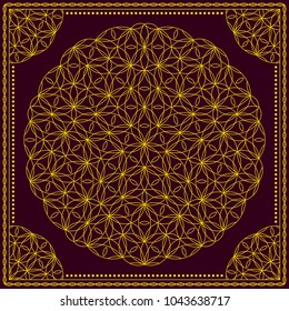 Flower Pattern. Mandala. Circular ornament. Indian, arabic, persian, ottoman style. Design for print on silk neck scarf, kerchief, pillow, bandana, carpet.