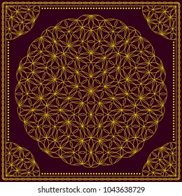 Flower Pattern. Mandala. Circular ornament. Indian, arabic, persian, ottoman style. Design for print on silk neck scarf, kerchief, pillow, bandana, carpet.