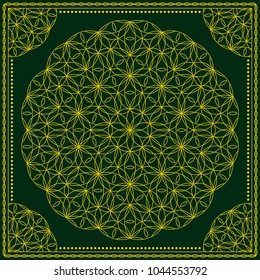 Flower Pattern. Mandala. Circular ornament. Indian, arabic, persian, ottoman style. Design for print on silk neck scarf, kerchief, pillow, bandana, carpet.