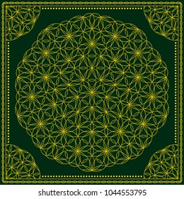 Flower Pattern. Mandala. Circular ornament. Indian, arabic, persian, ottoman style. Design for print on silk neck scarf, kerchief, pillow, bandana, carpet.