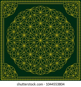 Flower Pattern. Mandala. Circular ornament. Indian, arabic, persian, ottoman style. Design for print on silk neck scarf, kerchief, pillow, bandana, carpet.