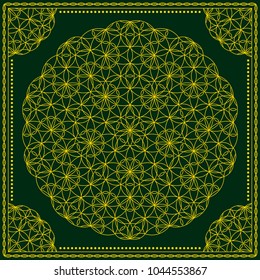 Flower Pattern. Mandala. Circular ornament. Indian, arabic, persian, ottoman style. Design for print on silk neck scarf, kerchief, pillow, bandana, carpet.