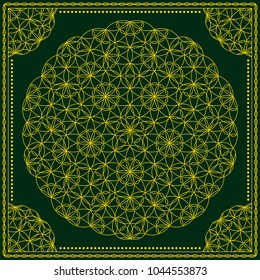 Flower Pattern. Mandala. Circular ornament. Indian, arabic, persian, ottoman style. Design for print on silk neck scarf, kerchief, pillow, bandana, carpet.