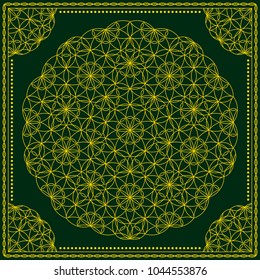 Flower Pattern. Mandala. Circular ornament. Indian, arabic, persian, ottoman style. Design for print on silk neck scarf, kerchief, pillow, bandana, carpet.