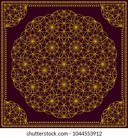 Flower Pattern. Mandala. Circular ornament. Indian, arabic, persian, ottoman style. Design for print on silk neck scarf, kerchief, pillow, bandana, carpet.