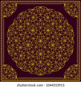 Flower Pattern. Mandala. Circular ornament. Indian, arabic, persian, ottoman style. Design for print on silk neck scarf, kerchief, pillow, bandana, carpet.