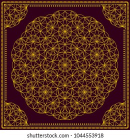 Flower Pattern. Mandala. Circular ornament. Indian, arabic, persian, ottoman style. Design for print on silk neck scarf, kerchief, pillow, bandana, carpet.