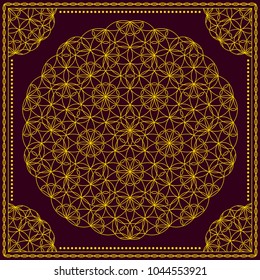 Flower Pattern. Mandala. Circular ornament. Indian, arabic, persian, ottoman style. Design for print on silk neck scarf, kerchief, pillow, bandana, carpet.