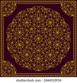 Flower Pattern. Mandala. Circular ornament. Indian, arabic, persian, ottoman style. Design for print on silk neck scarf, kerchief, pillow, bandana, carpet.