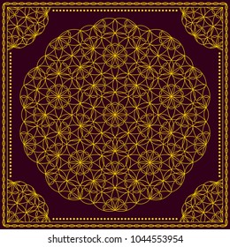 Flower Pattern. Mandala. Circular ornament. Indian, arabic, persian, ottoman style. Design for print on silk neck scarf, kerchief, pillow, bandana, carpet.