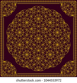 Flower Pattern. Mandala. Circular ornament. Indian, arabic, persian, ottoman style. Design for print on silk neck scarf, kerchief, pillow, bandana, carpet.