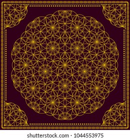 Flower Pattern. Mandala. Circular ornament. Indian, arabic, persian, ottoman style. Design for print on silk neck scarf, kerchief, pillow, bandana, carpet.