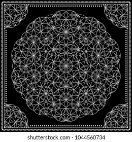 Flower Pattern. Mandala. Circular ornament. Indian, arabic, persian, ottoman style. Design for print on silk neck scarf, kerchief, pillow, bandana, carpet.