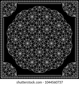 Flower Pattern. Mandala. Circular ornament. Indian, arabic, persian, ottoman style. Design for print on silk neck scarf, kerchief, pillow, bandana, carpet.