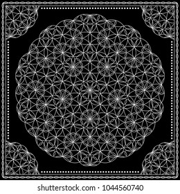 Flower Pattern. Mandala. Circular ornament. Indian, arabic, persian, ottoman style. Design for print on silk neck scarf, kerchief, pillow, bandana, carpet.