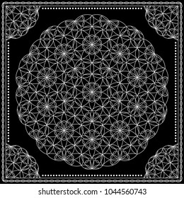 Flower Pattern. Mandala. Circular ornament. Indian, arabic, persian, ottoman style. Design for print on silk neck scarf, kerchief, pillow, bandana, carpet.